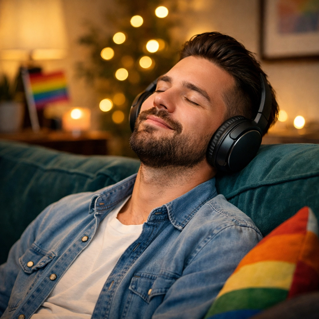 A man with headphones listening to an emotional MM romance audiobook on a cozy sofa.