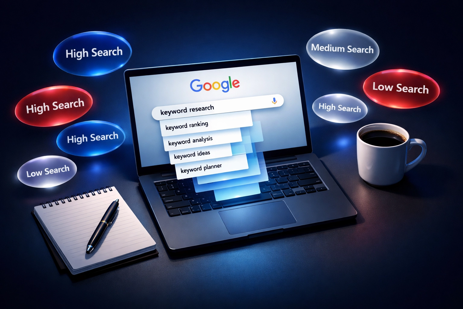 Keyword research workspace showing Google autocomplete suggestions and search volume analysis for SEO