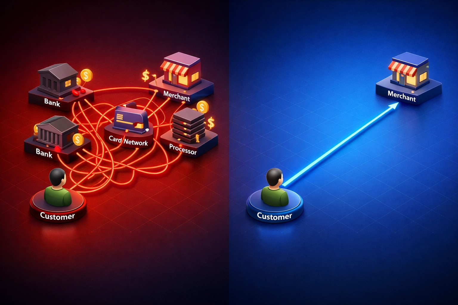 Traditional payment processing with multiple middlemen vs direct Web3 blockchain payments diagram