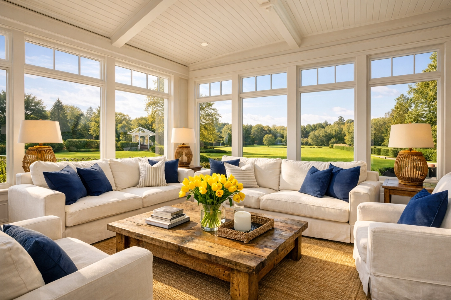 Clean luxury sunroom in Wellesley MA, showing the peaceful result of weekly house cleaning services.