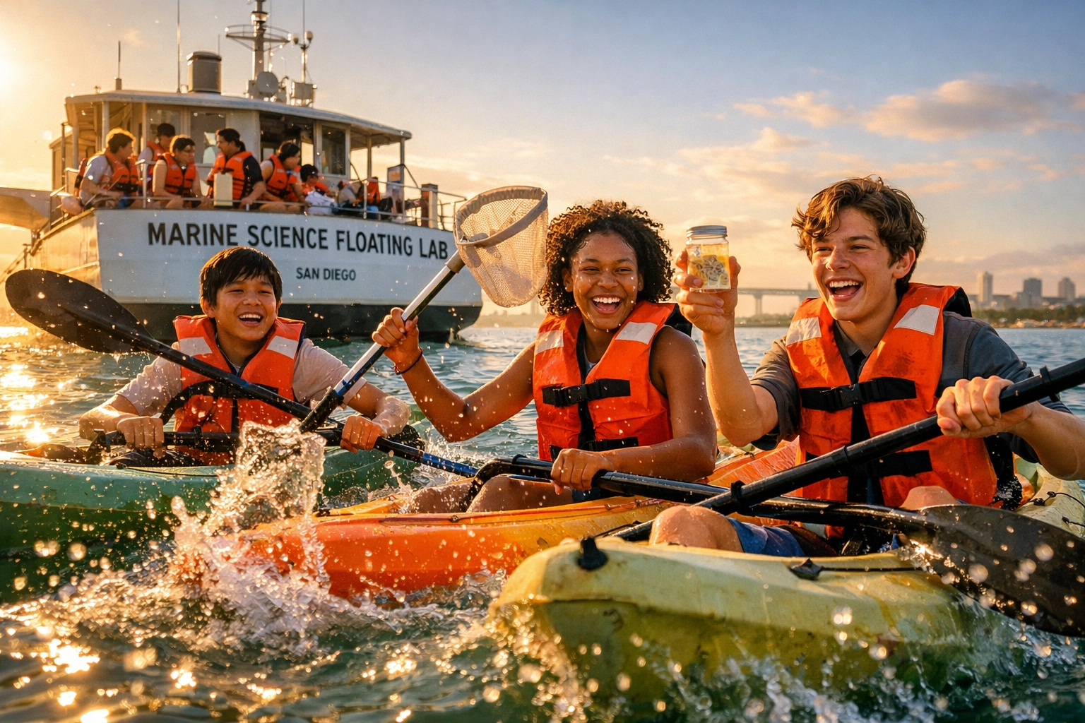 Student group kayaking in San Diego Bay during marine science field trip