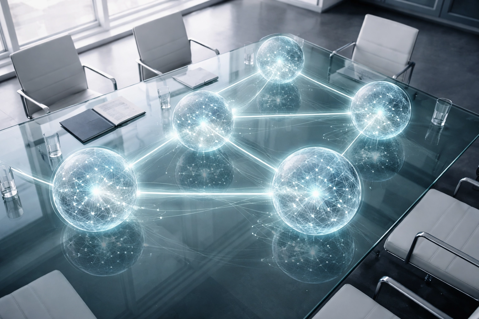 Modern conference table with interconnected holographic spheres illustrating agentic AI multi-agent collaboration and workflow orchestration.