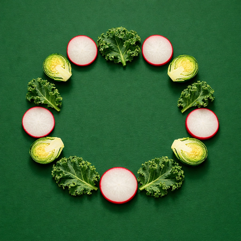 High-fiber vegetables including kale and radishes to support gut health and efficient digestion.