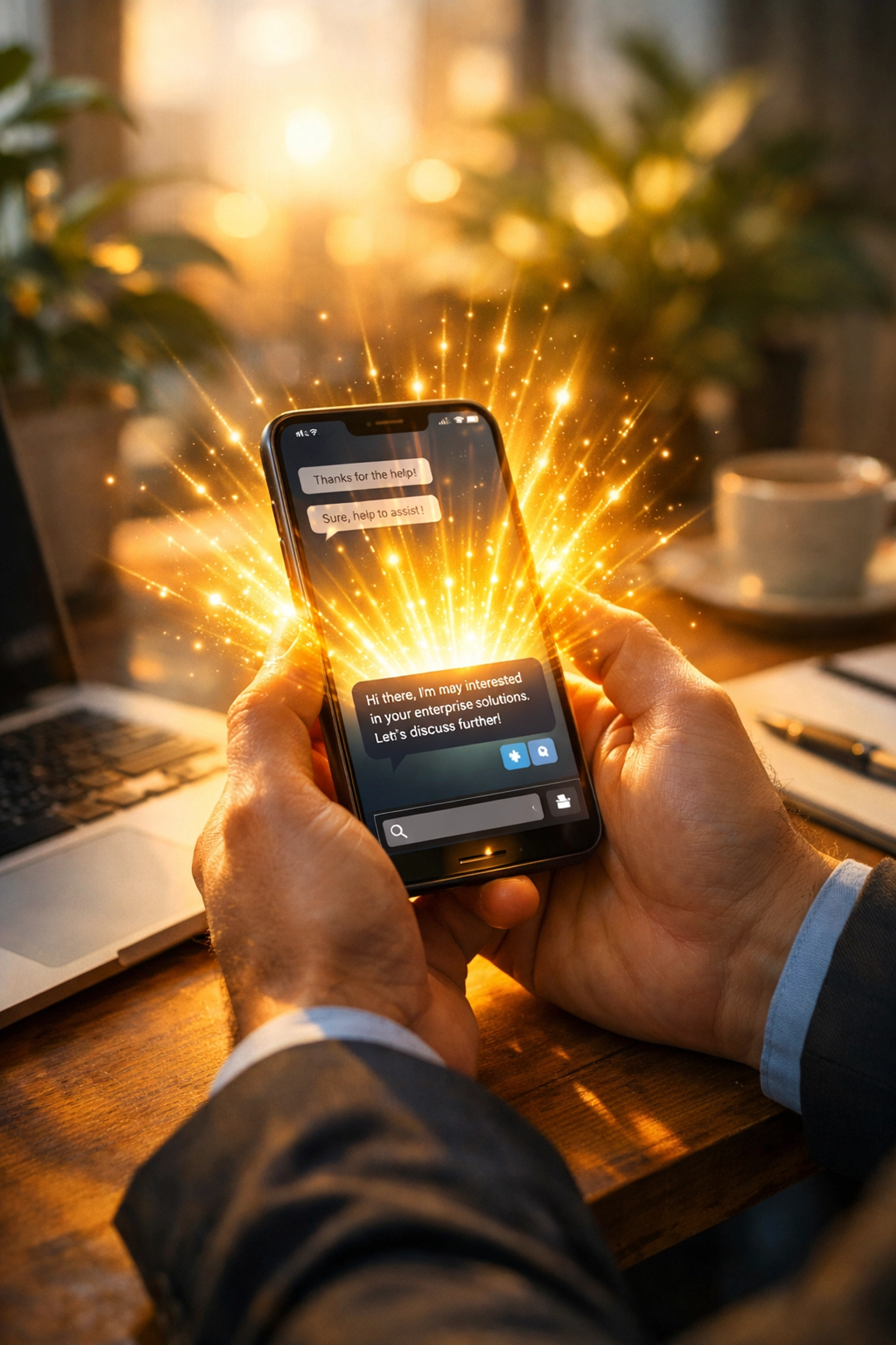 Person holding a smartphone where an AI chatbot identifies a valuable sales lead from a customer message.