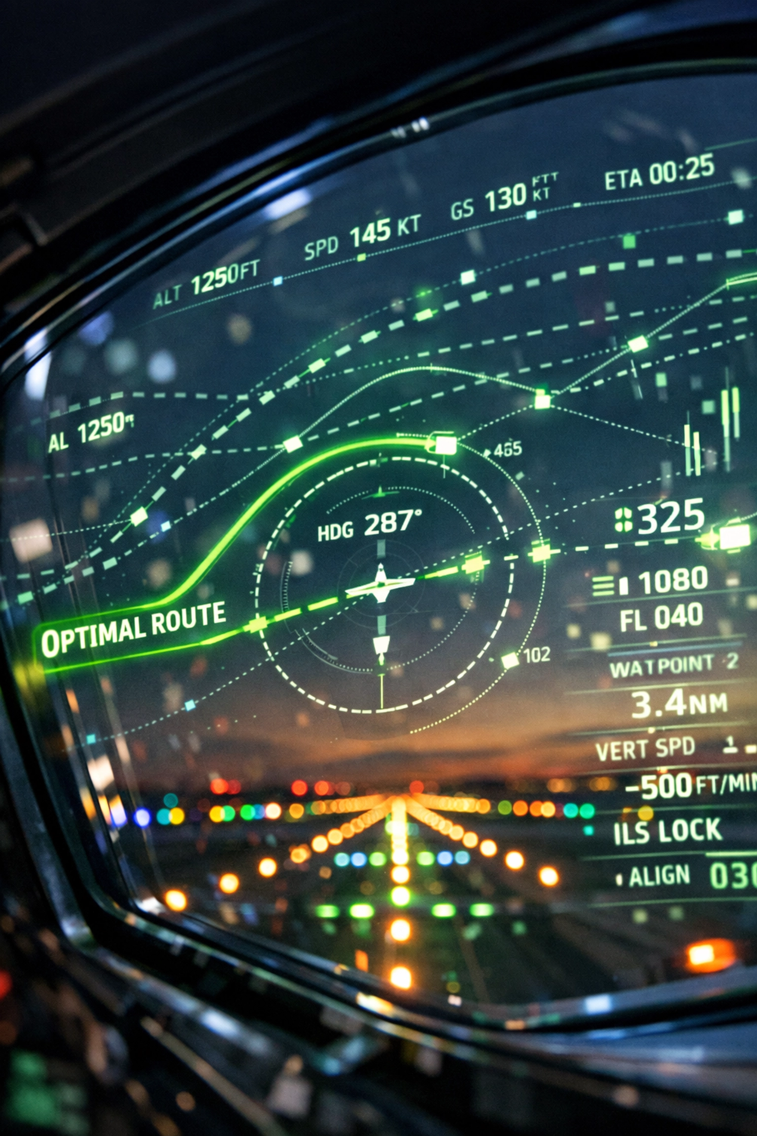 Digital cockpit display showing optimal flight paths for intelligent automated travel booking.