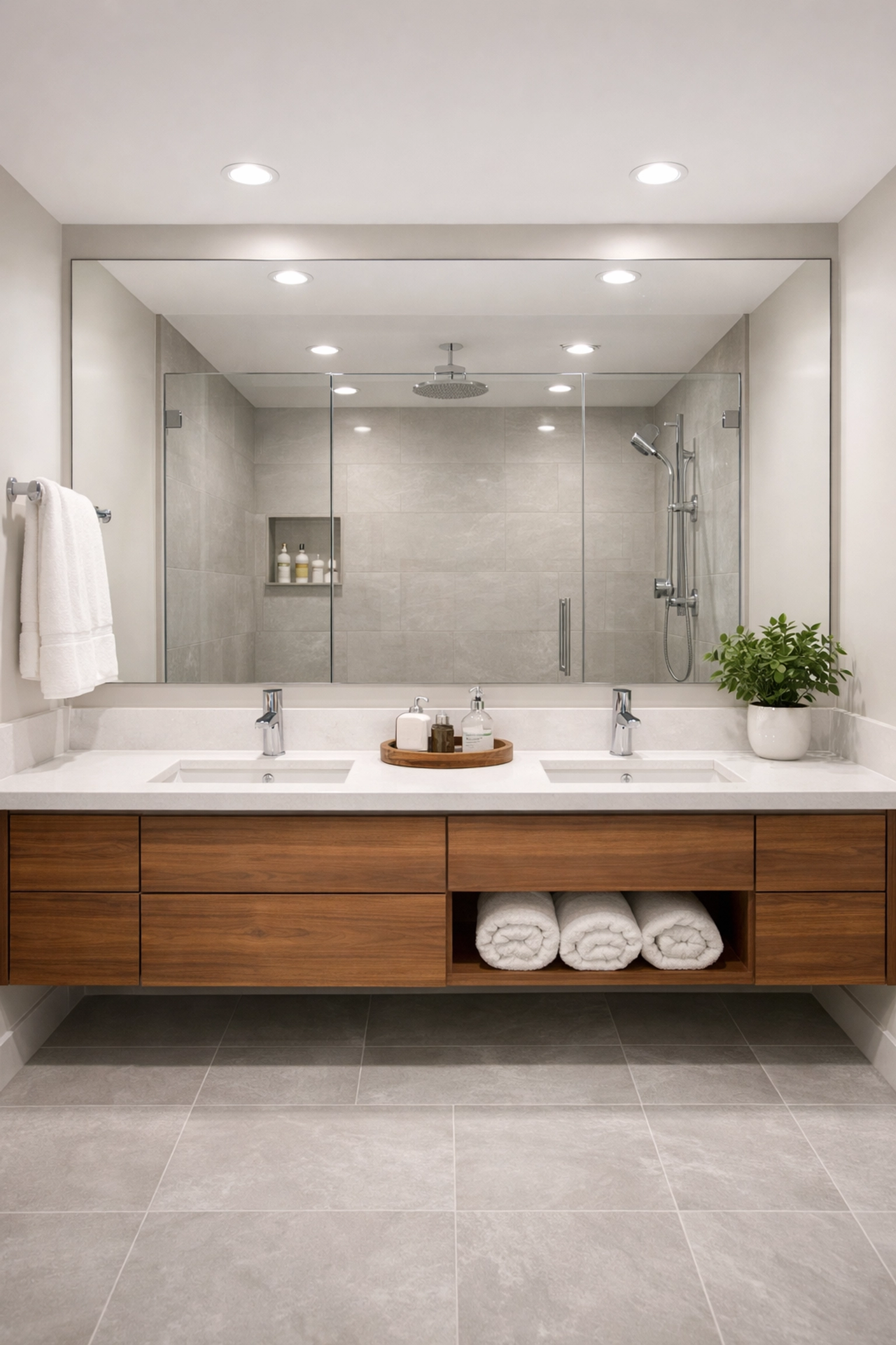 Spa-like bathroom renovation Orlando featuring frameless shower and floating vanity