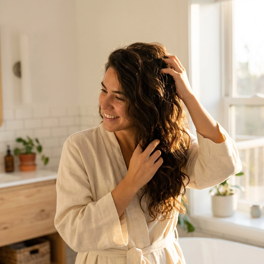 Person with thick, shiny hair running fingers through it, showing GHK peptide’s role in hair health in South Miami.