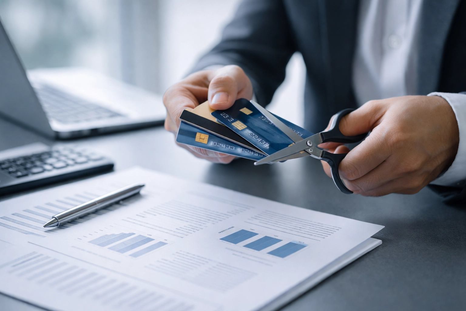 Business person cutting a credit card over financial paperwork, highlighting chargeback risk solutions for high risk merchant accounts