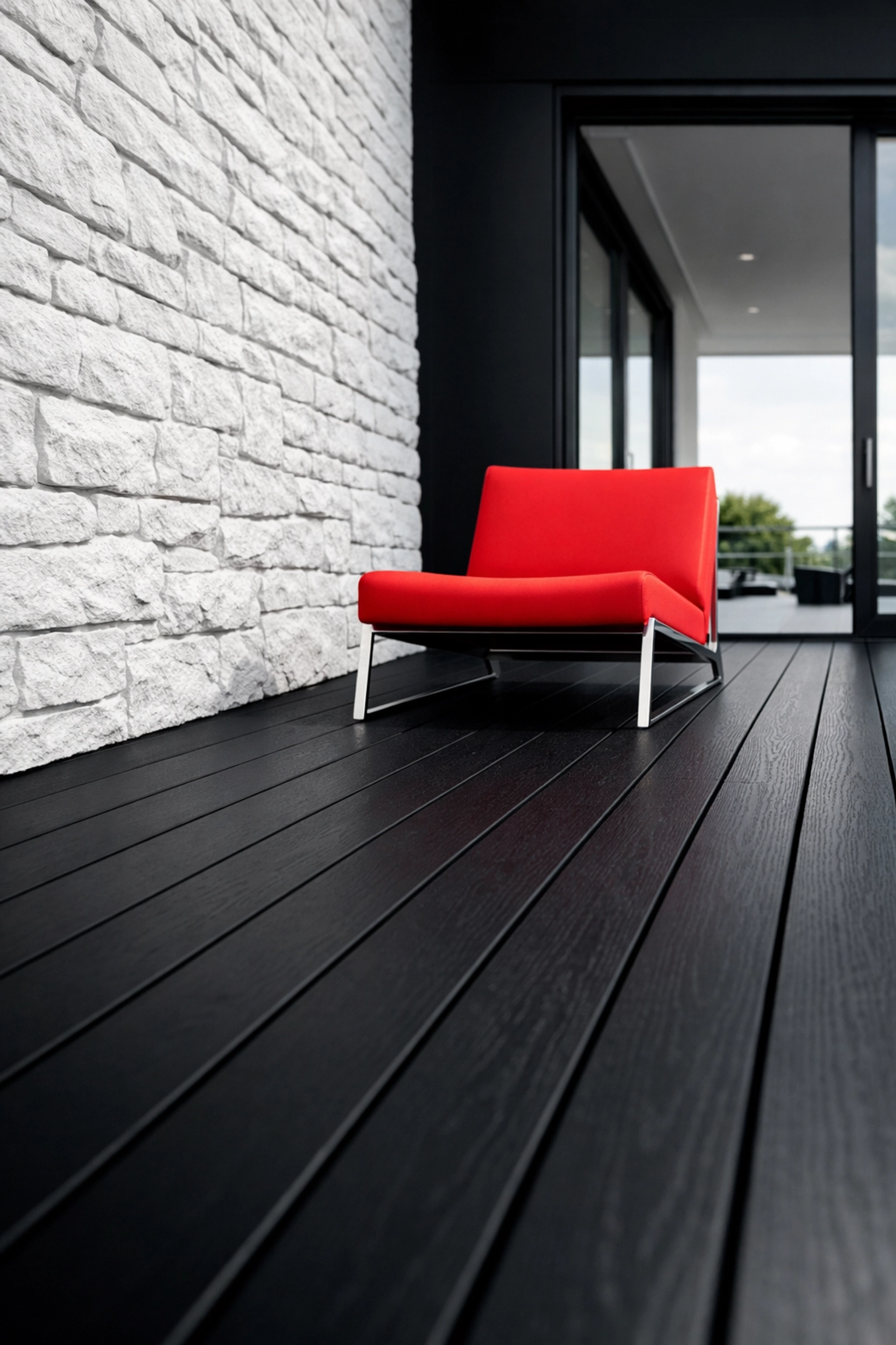Luxury deck transition with white stone siding and black composite decking boards in a modern exterior design.
