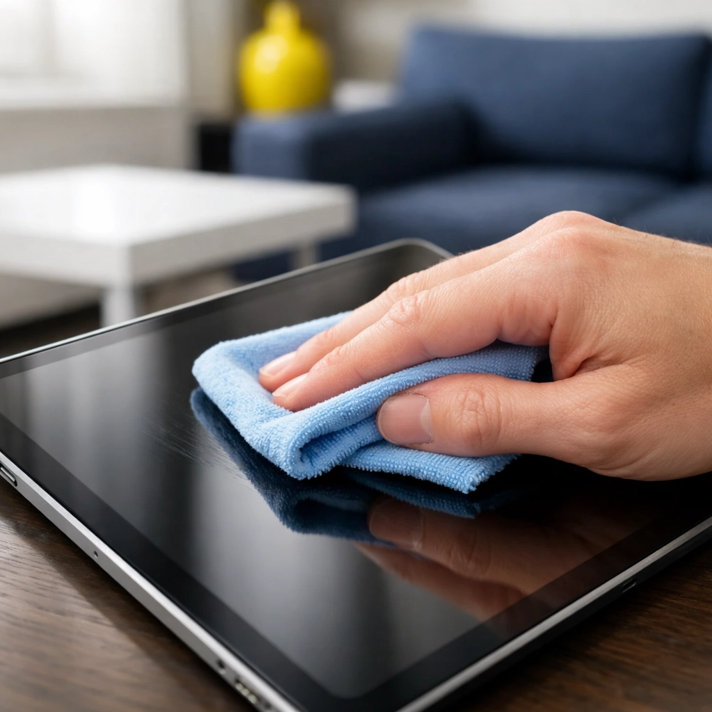 Sanitizing a child's tablet with a microfiber cloth to remove germs and maintain household hygiene.