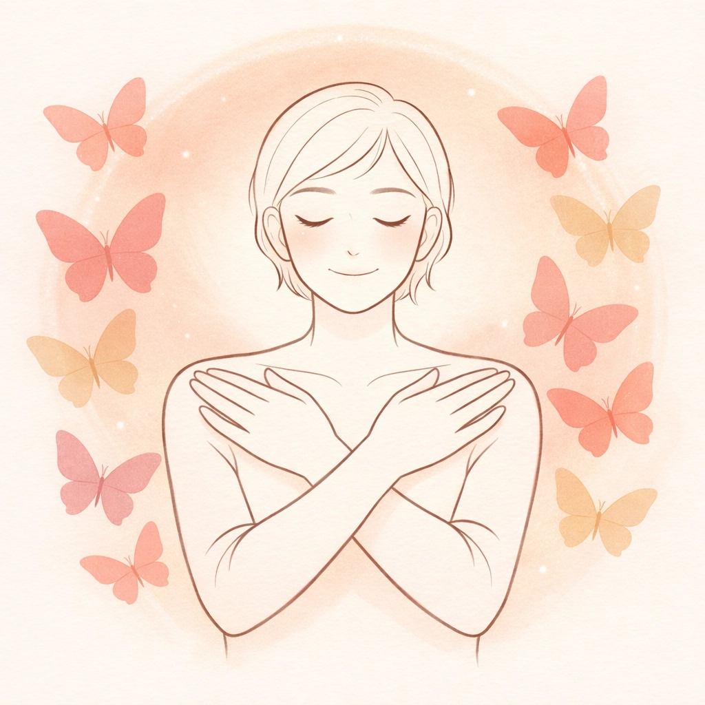 Woman demonstrating butterfly hug self-soothing technique for trauma-informed stress relief