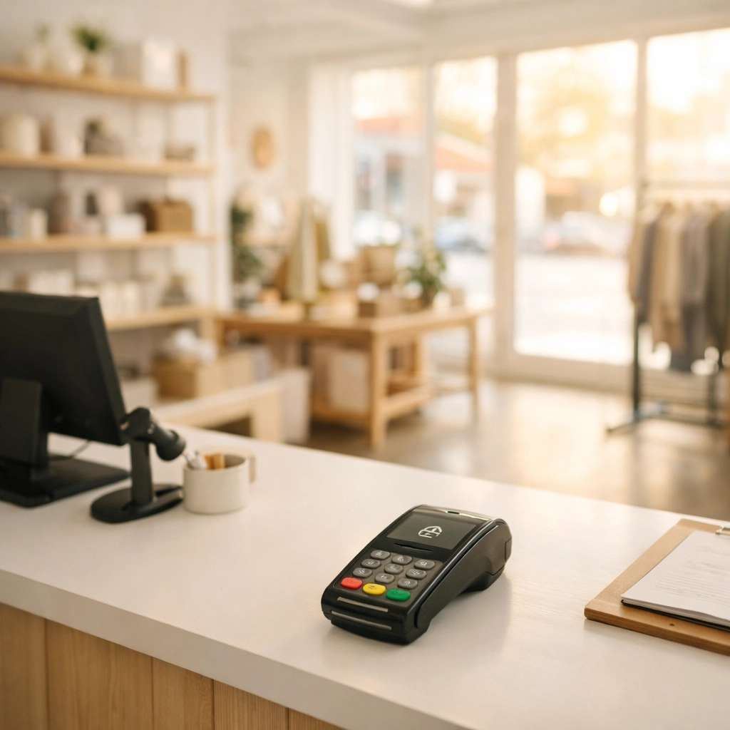 Empty retail store checkout counter with payment terminal during slow December sales period