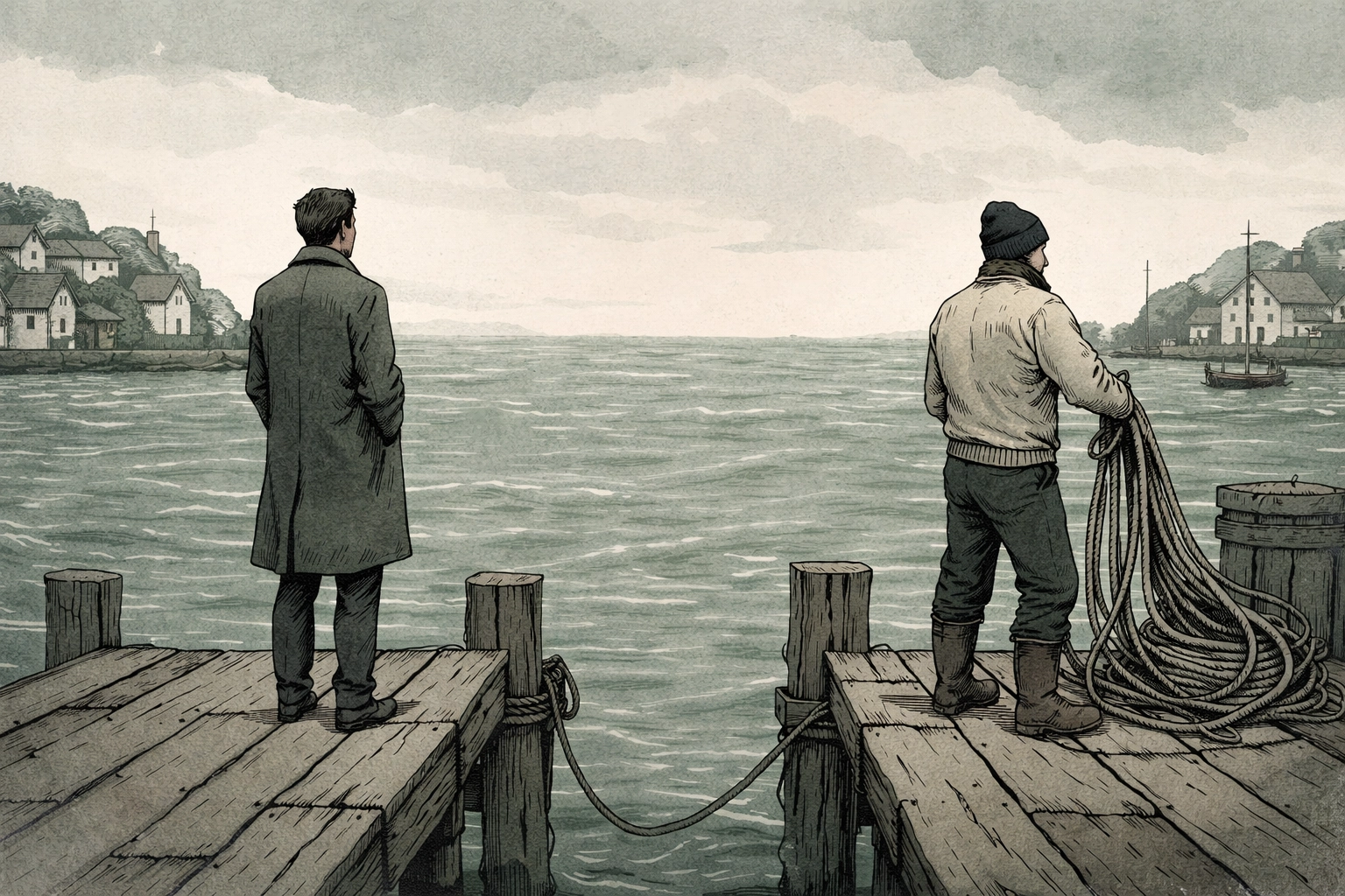 Two men stand apart on a Breton dock, symbolizing MM slow-burn romance and cultural contrast in 'Le Cœur et la Mer'.