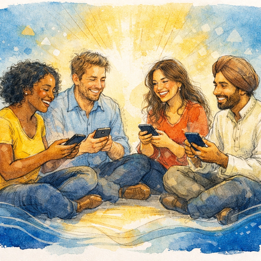 Diverse group connected through smartphones in spiritual community circle
