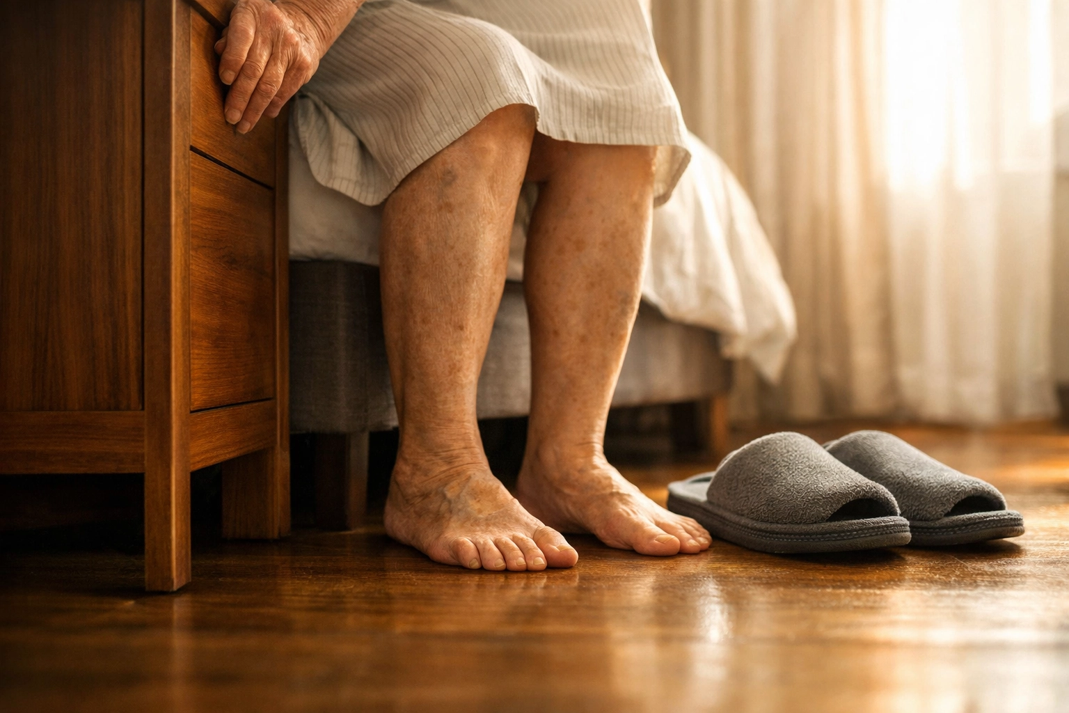 Senior sitting on bed edge with feet planted firmly, gripping nightstand for support with non-slip slippers