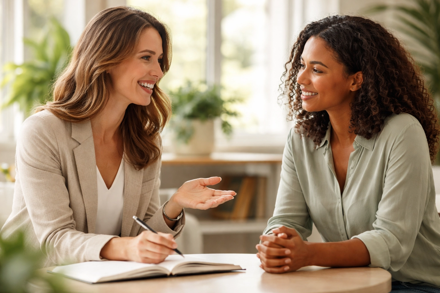 Surrogate and agency consultant discussing Wisconsin surrogacy myths in a supportive office setting