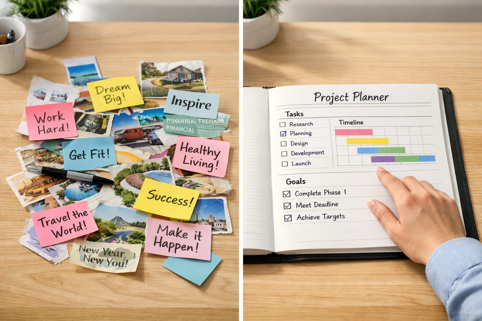 Organized business planner with timeline next to scattered vision board notes