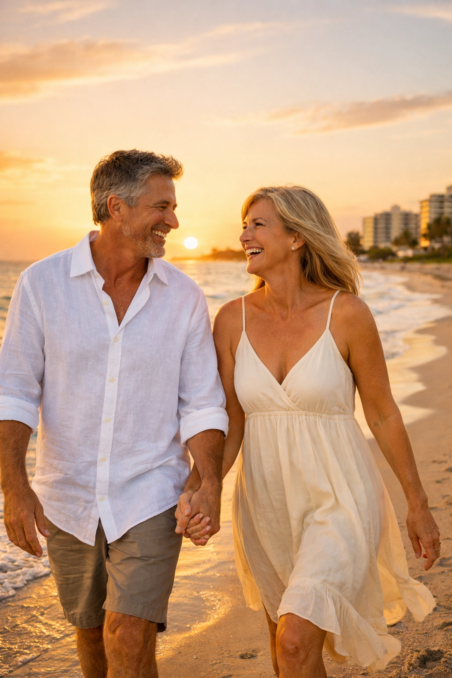 Happy mature couple on a Boca Raton beach representing restored intimacy and confidence after ED treatment.