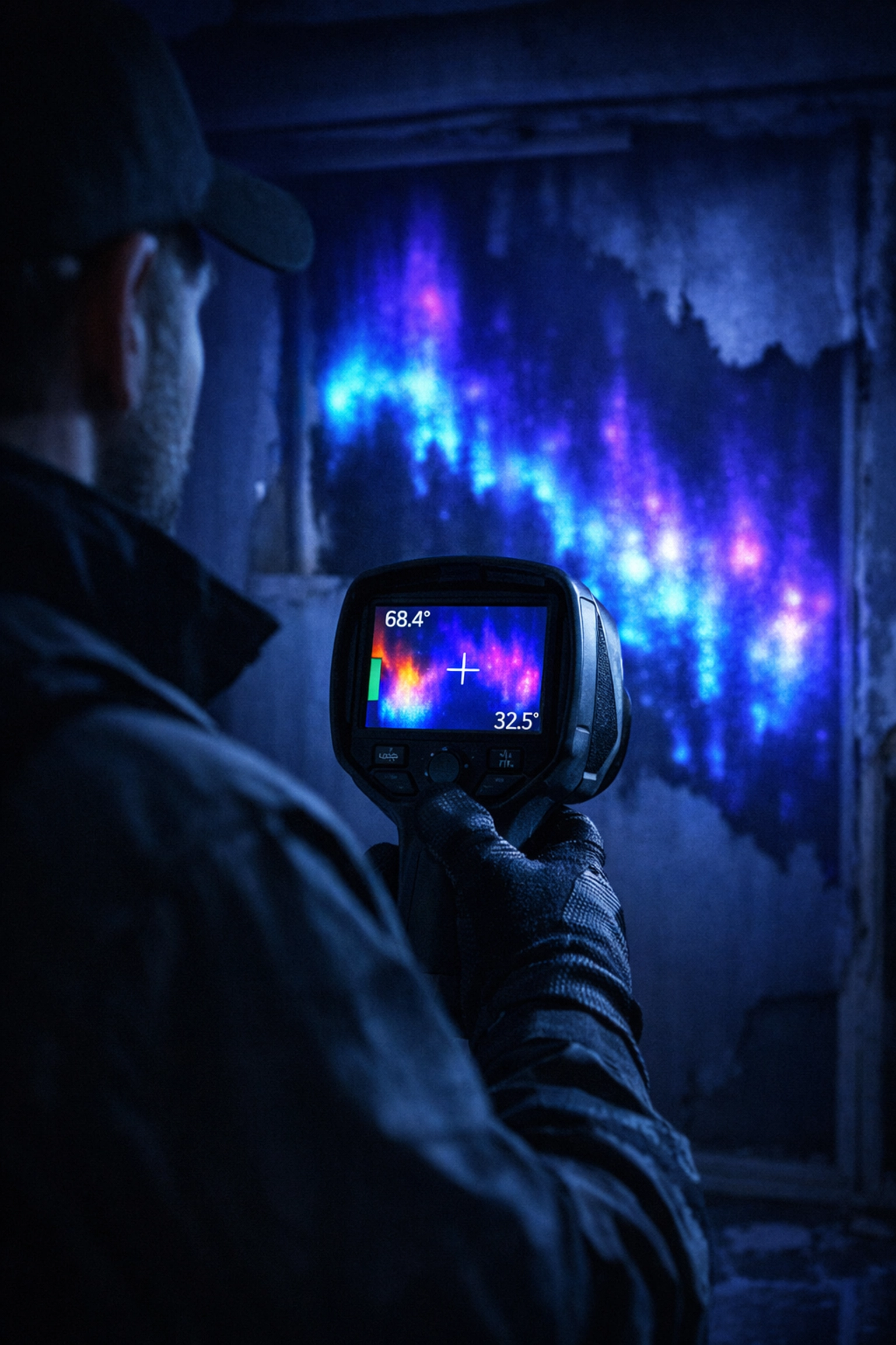 Thermal imaging camera detecting hidden moisture and water damage behind walls