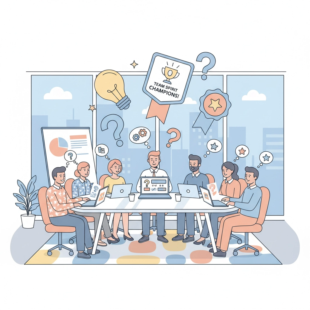 Illustrated image of a quiz being played in an office of people