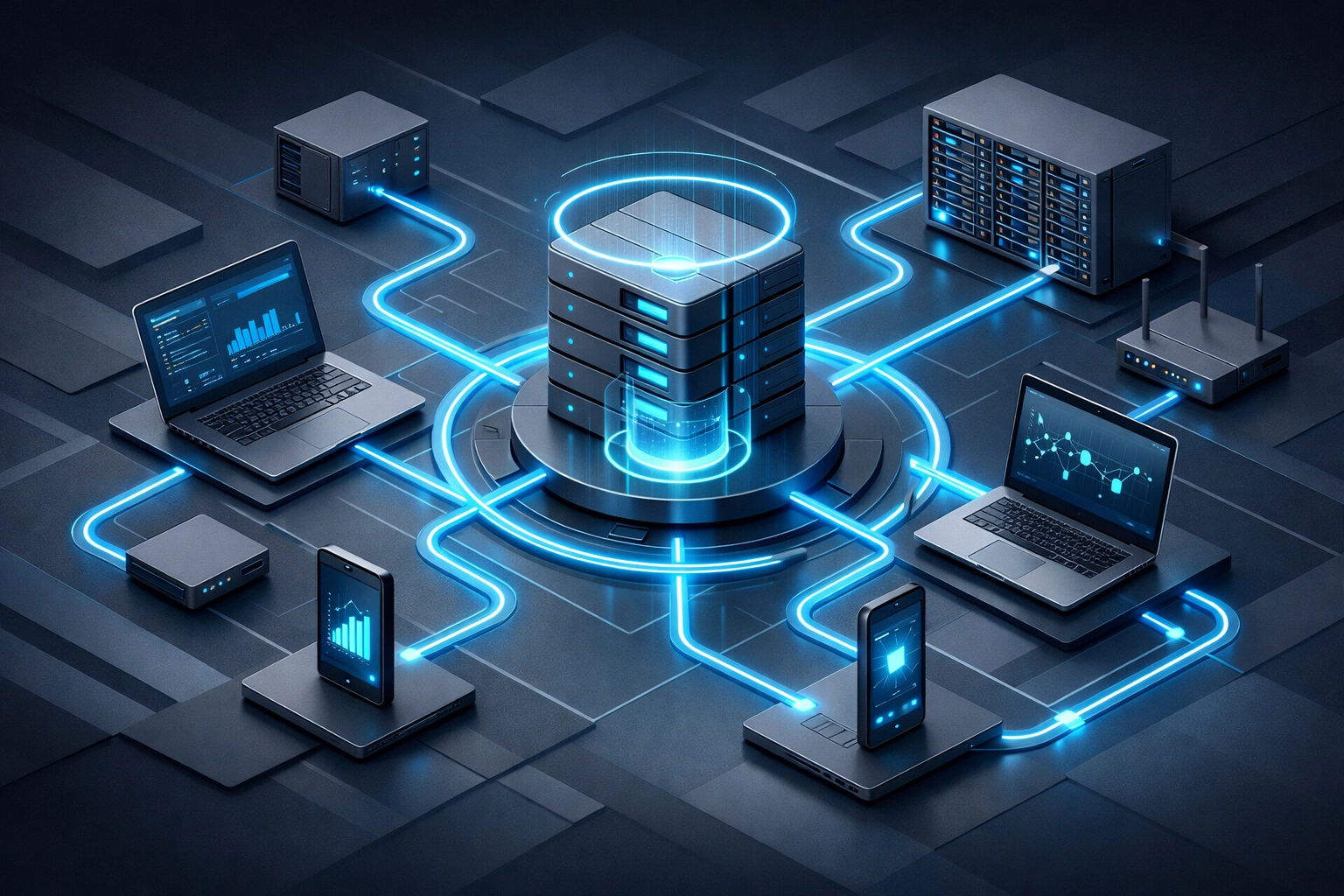 Integrated IT infrastructure hub connecting business hardware, servers, and mobile devices.