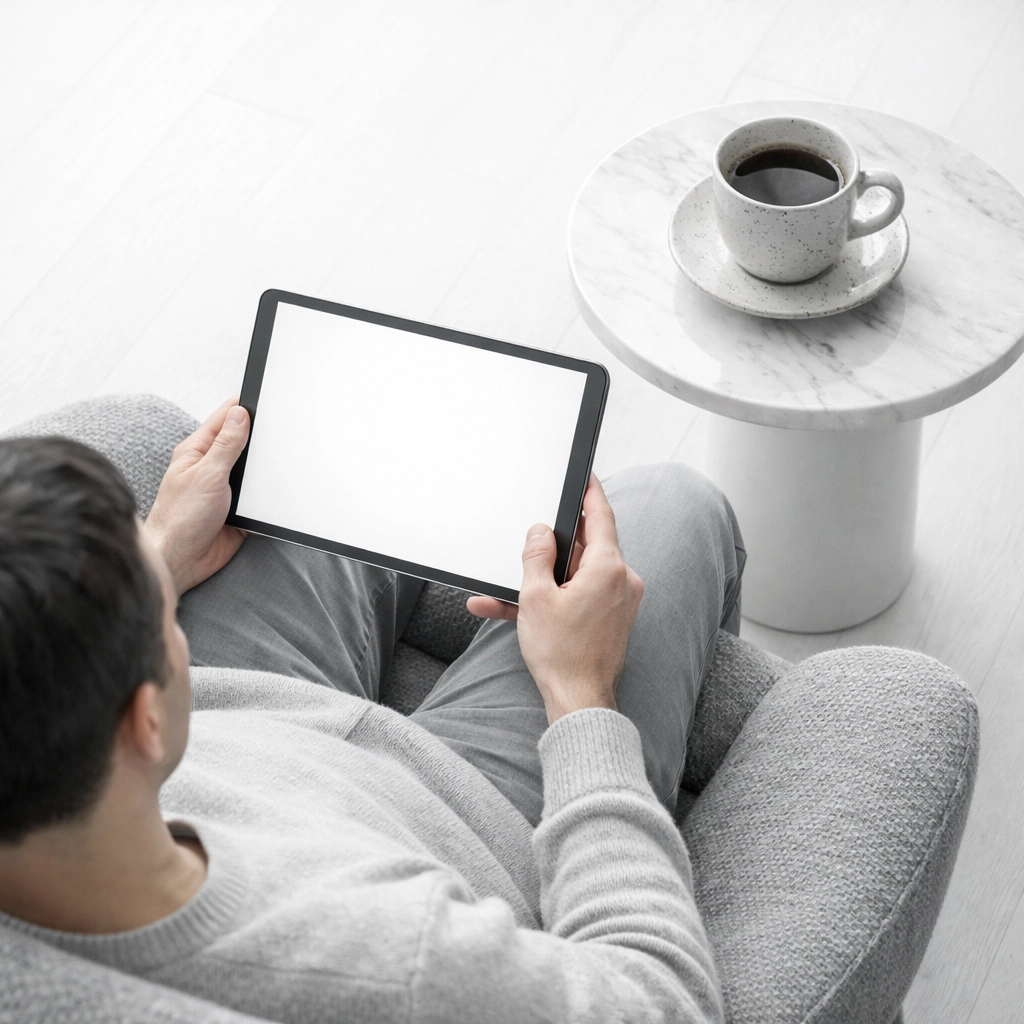 A relaxed guest using a tablet to manage their stay through a modern hotel pms interface.