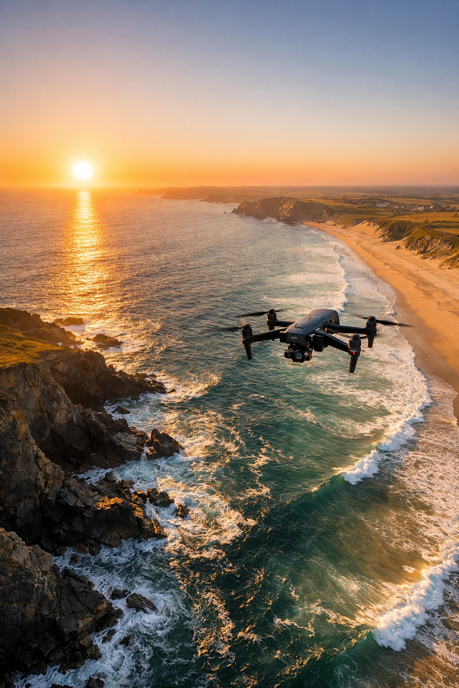 Aerial view of a drone scattering ashes over the sea at a scenic North Cornwall beach during sunset.