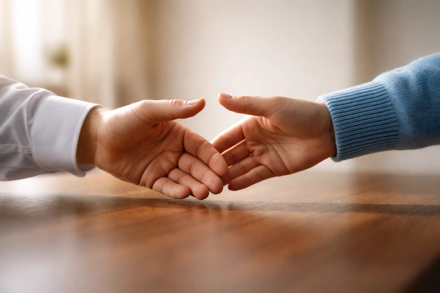 Close-up of hands reaching out across a table, symbolizing connection and trust built through radical empathy.