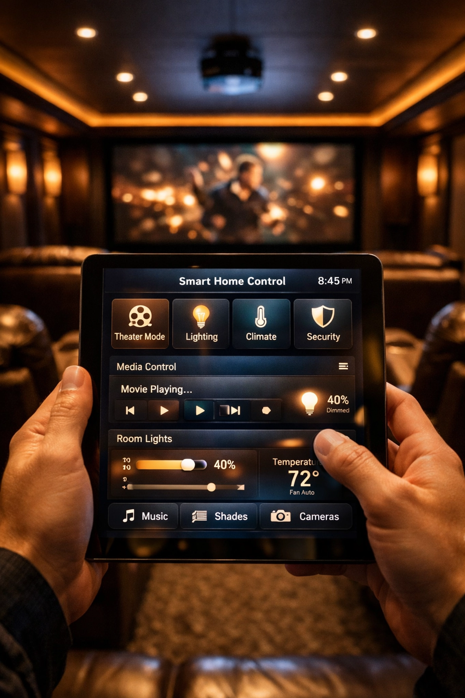Smart home automation app controlling a luxury home theater on a digital tablet interface.