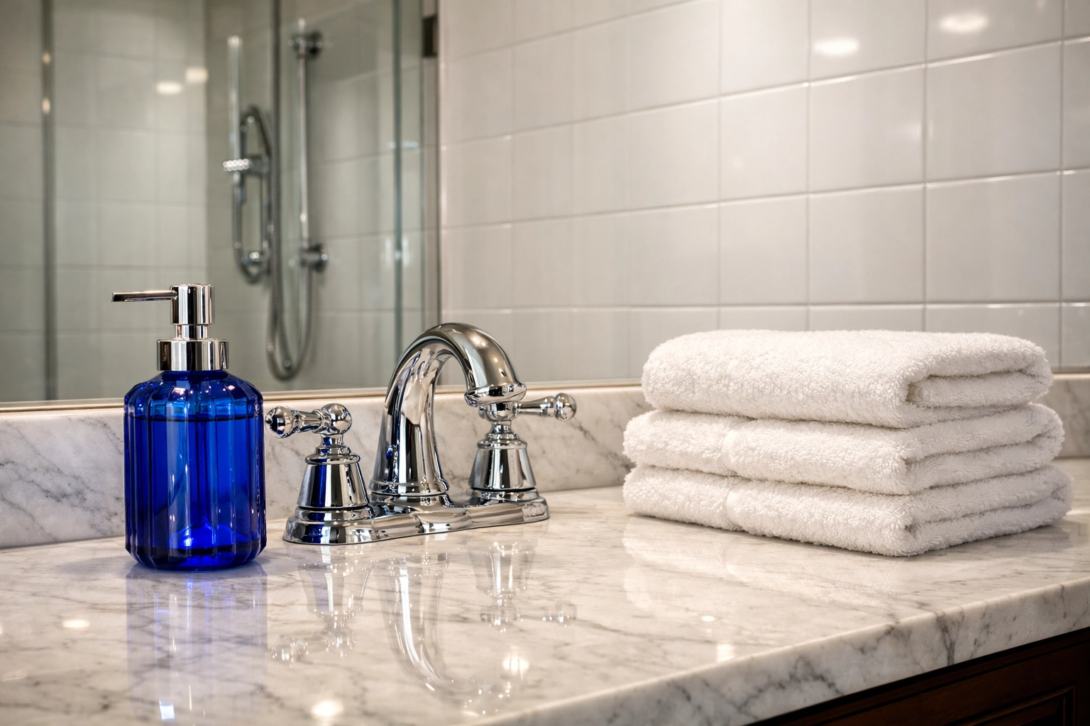 Sparkling clean luxury bathroom vanity in Cambridge with professional grout and faucet detailing.