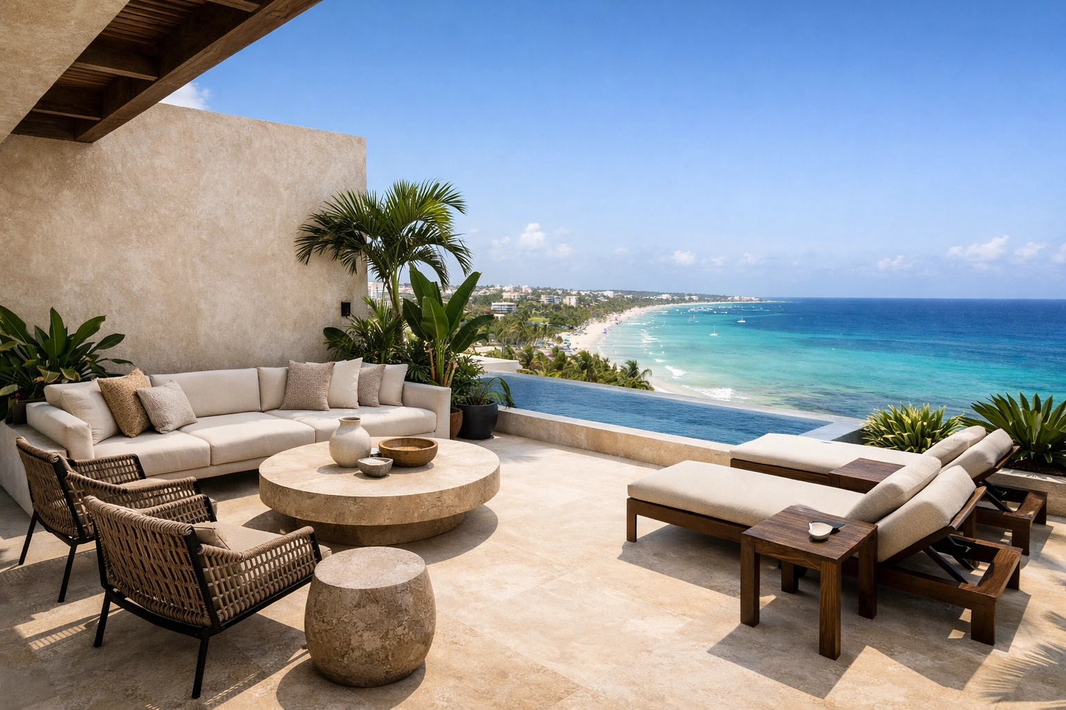 High-end penthouse terrace in Playa del Carmen highlighting boutique property management style.