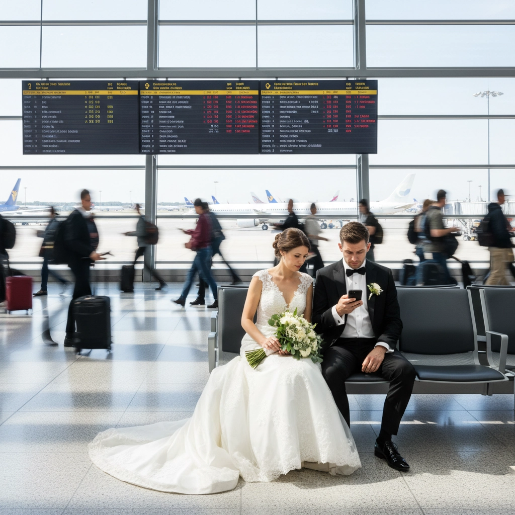 A bride and groom sit at an airport in formal attire; she holds flowers, he checks his phone. Departure board and travelers in the background.