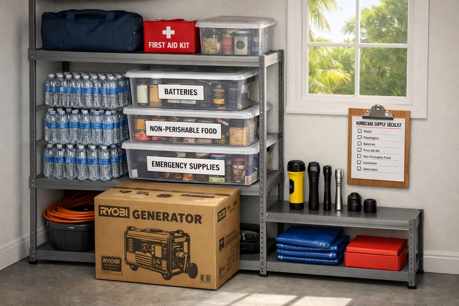 Well-organized hurricane emergency supplies and generator stored in Florida home garage