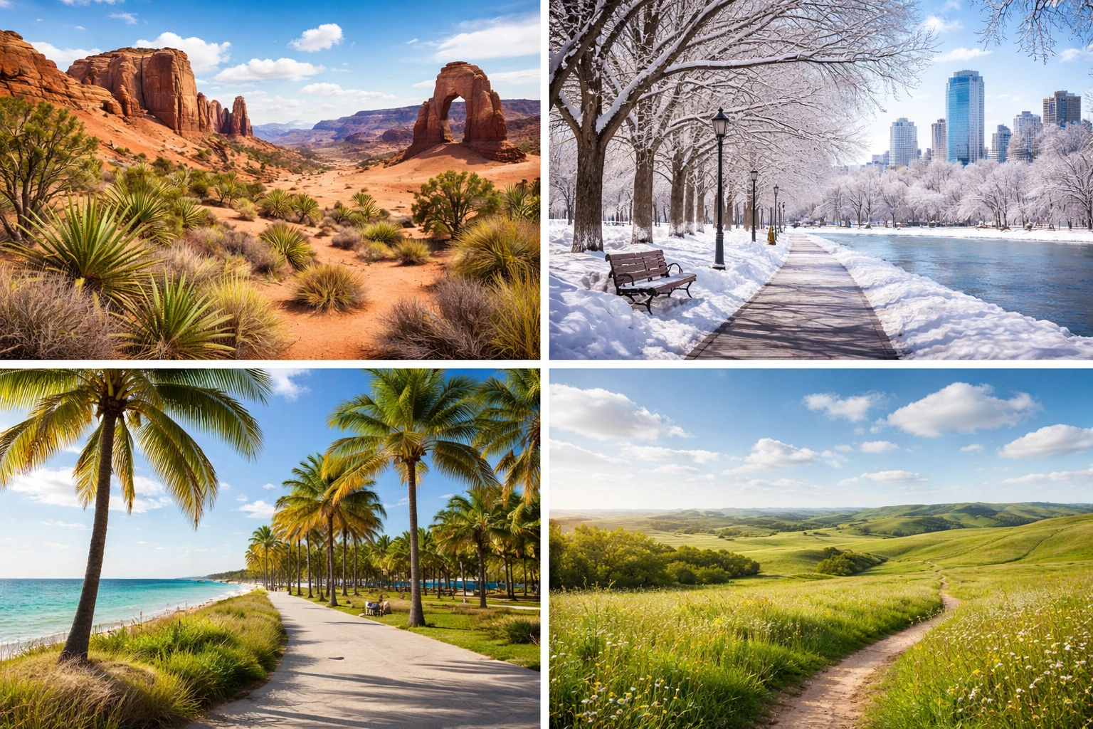 Collage of U.S. landscapes: desert, snowy city, palm-lined coast, and plains: highlighting local weight loss challenges and solutions.