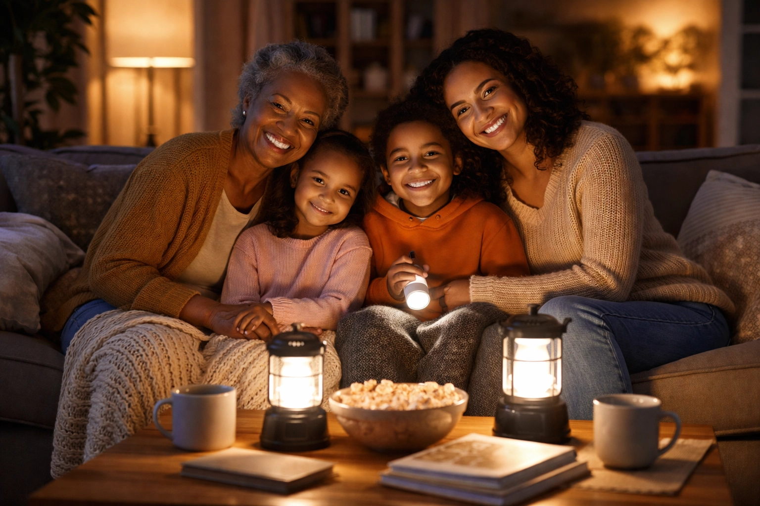 African American family uses LED lanterns for safe lighting during Atlanta power outage in winter