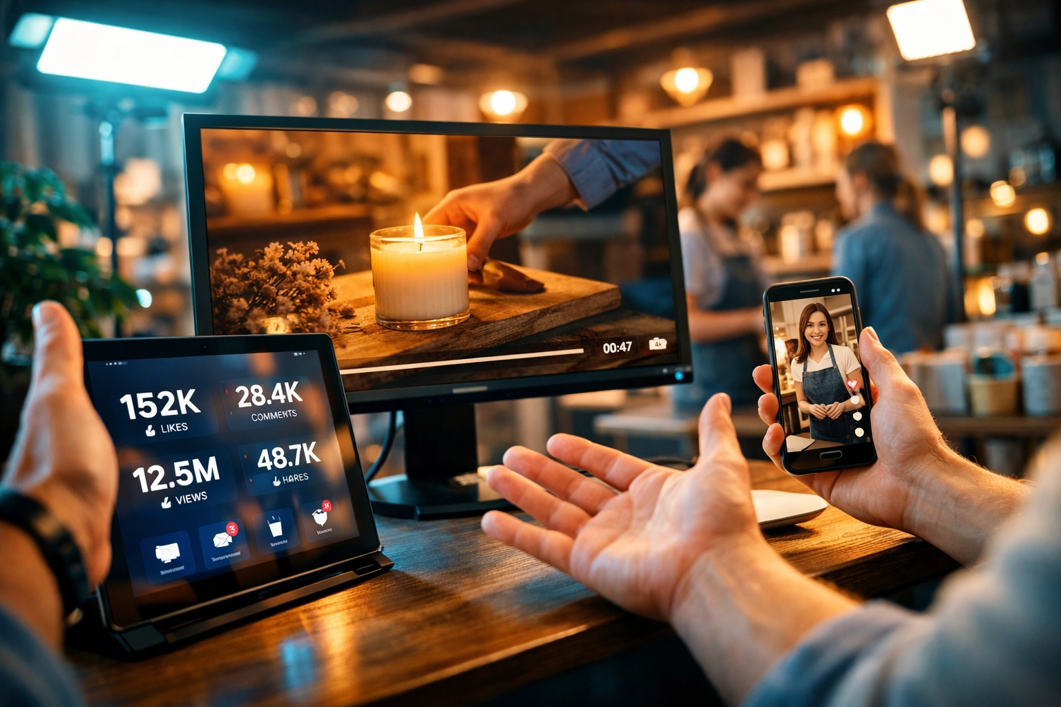 Small business owner reviewing successful video marketing content across multiple devices