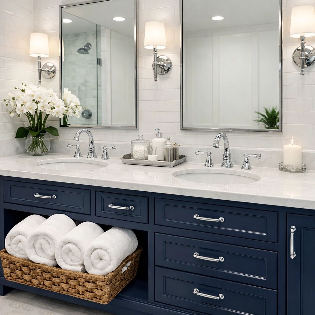 Pristine master bathroom in Stow MA featuring clean marble surfaces and a professional weekly maintenance.