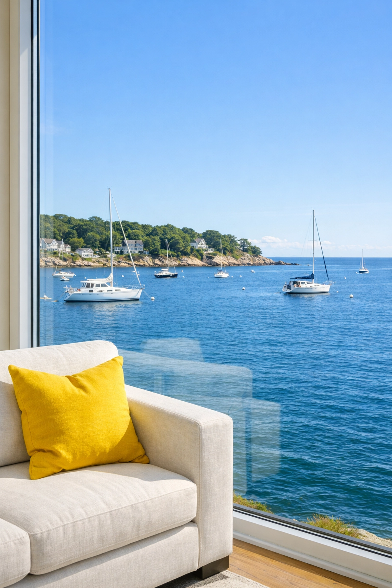 Spotless windows overlooking the water in a Manchester-by-the-Sea home after professional cleaning.