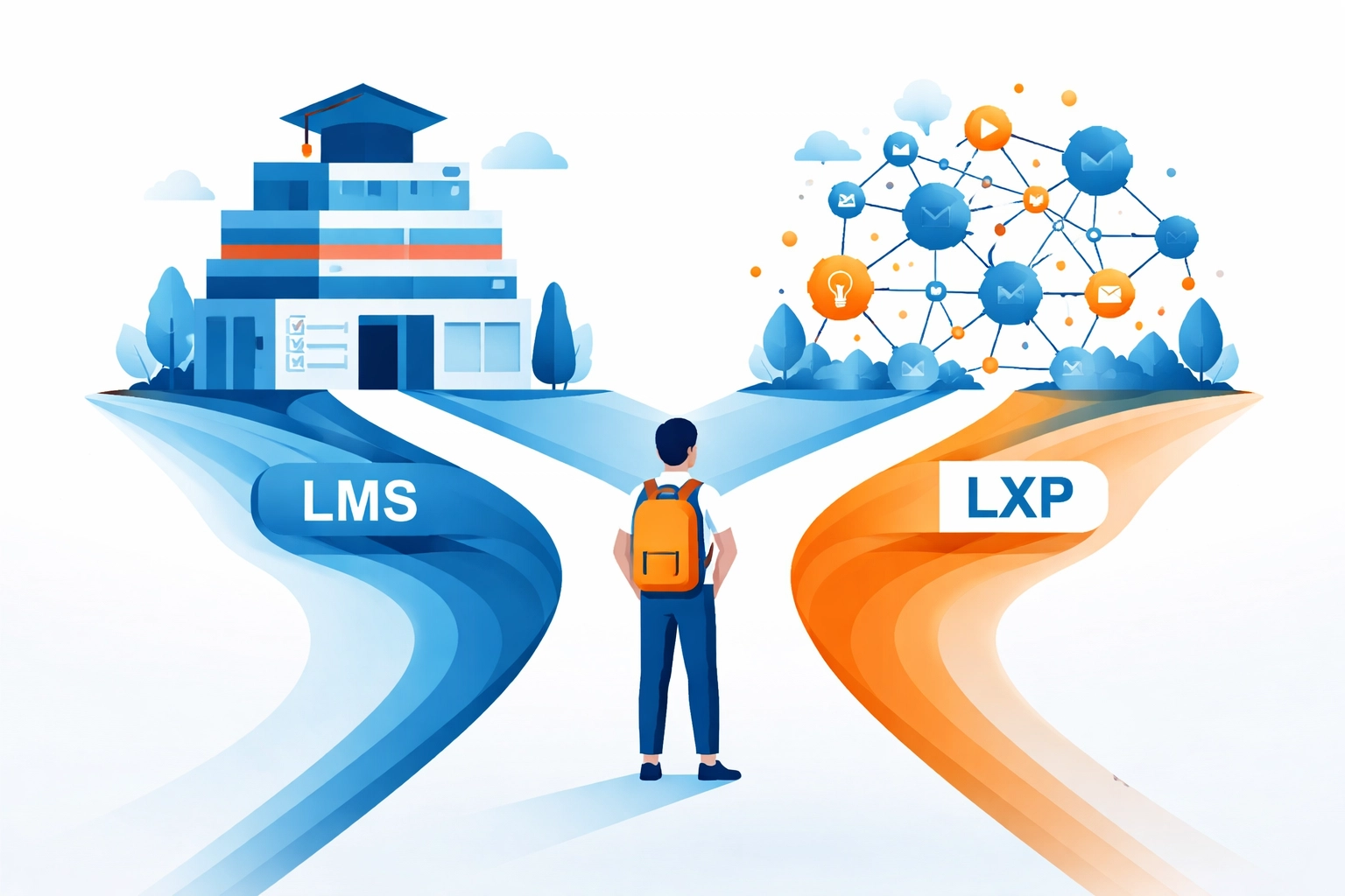 Decision point for customer education depicted as a person choosing between LMS structure and flexible Learning Experience Platform options