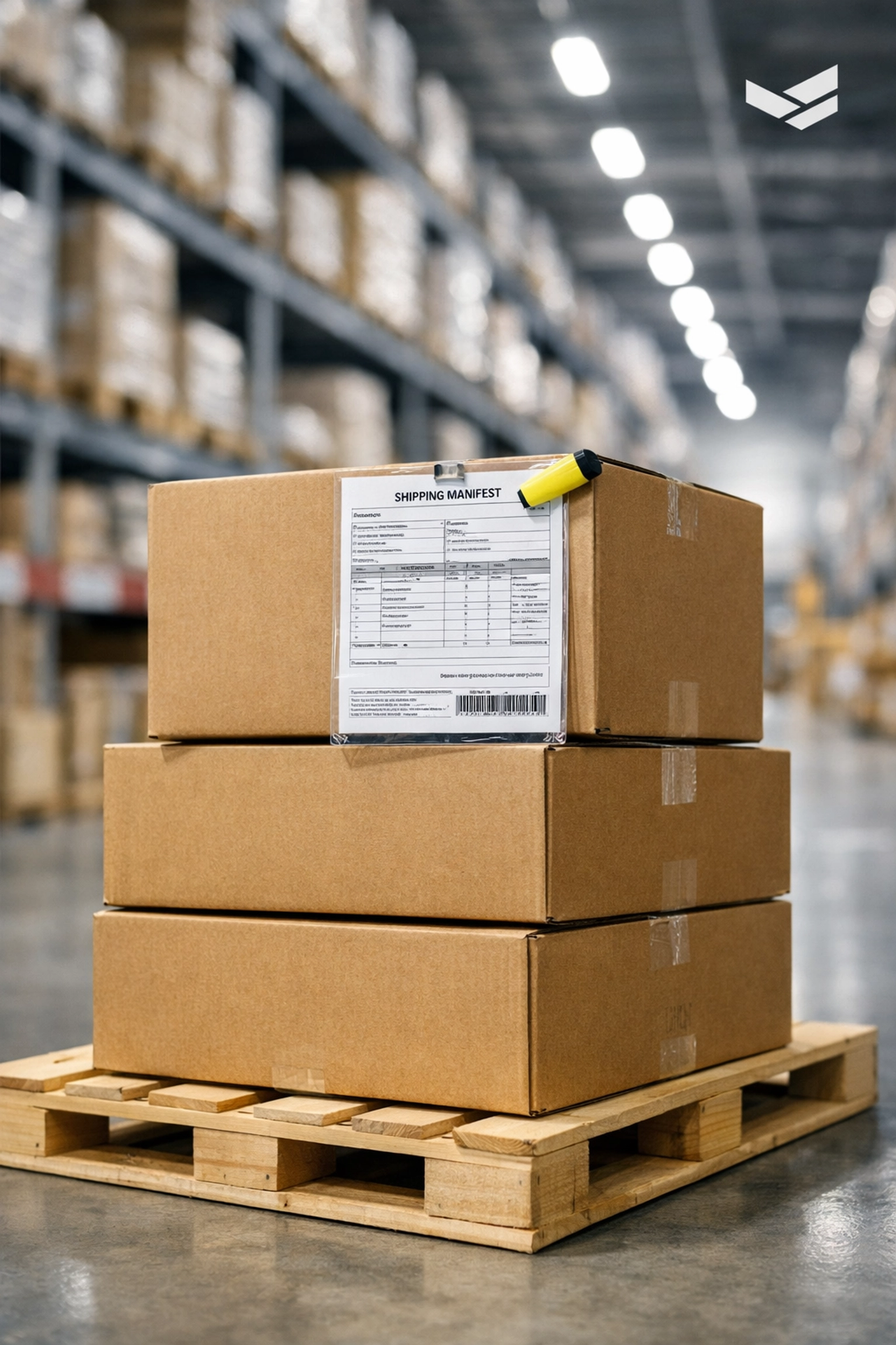 Bulk wholesale clothing boxes on a pallet in a warehouse ready for DDP shipping and delivery.