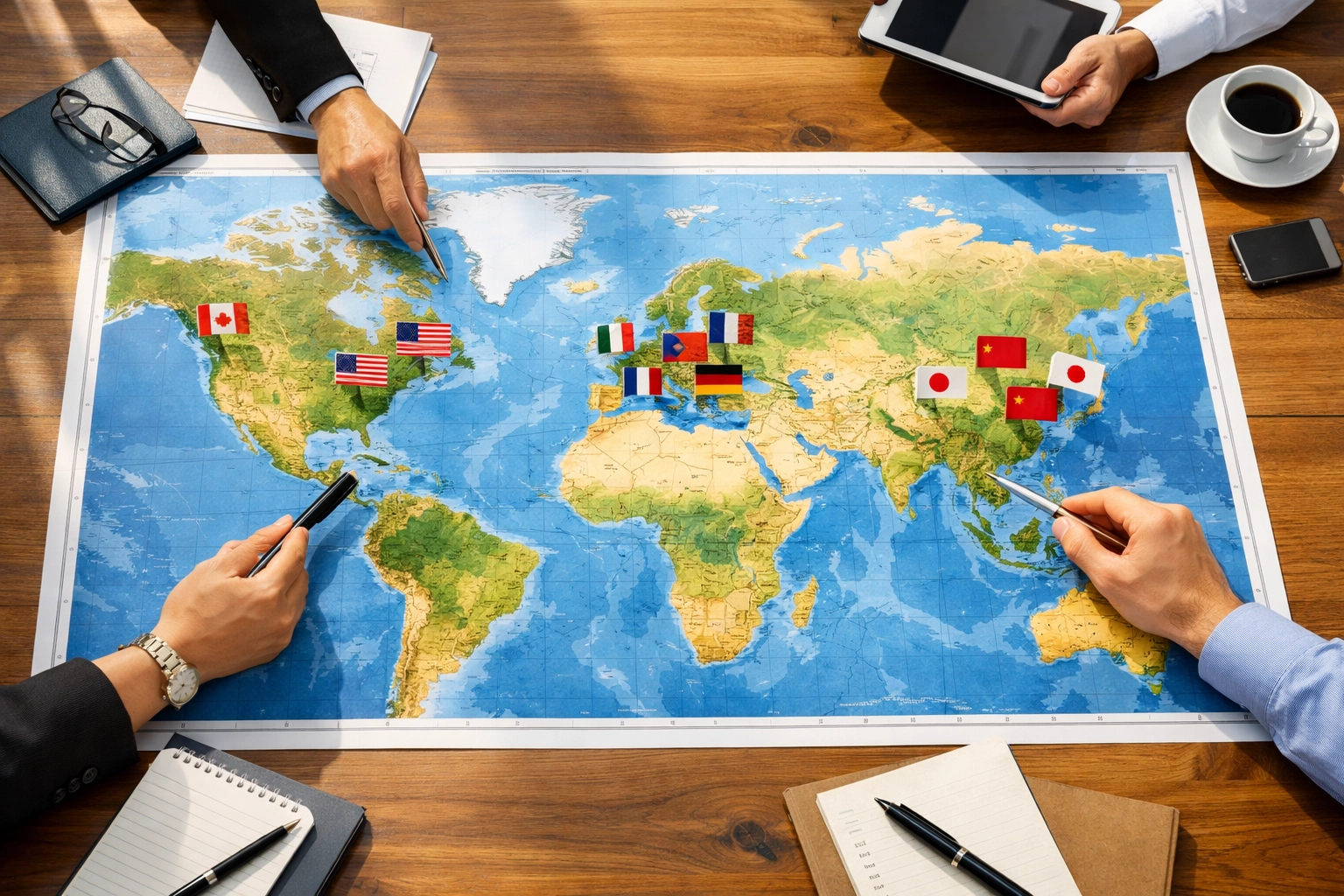 Global media consulting strategy session with world map showing international sports market expansion