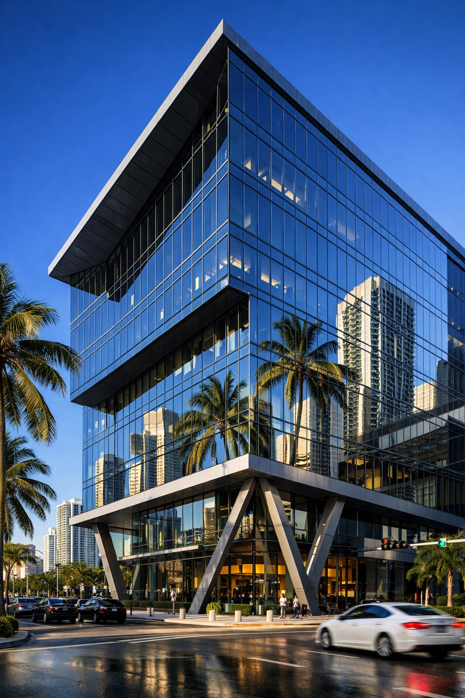 Architectural photo of a glass building in Miami, showcasing crisp details at popular Miami photo spots.