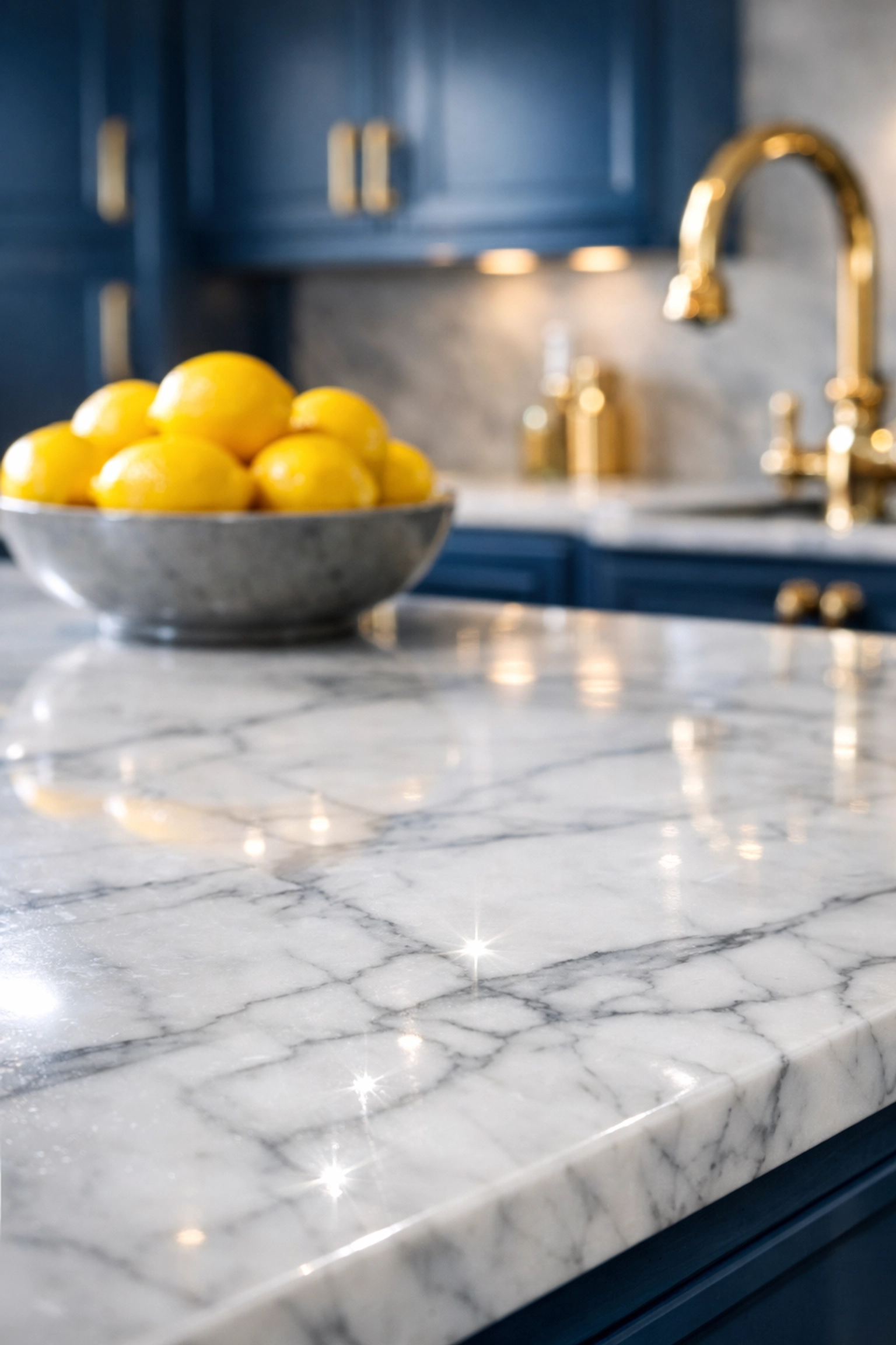 Clean marble kitchen surfaces and blue cabinetry maintained by a professional house cleaning schedule.