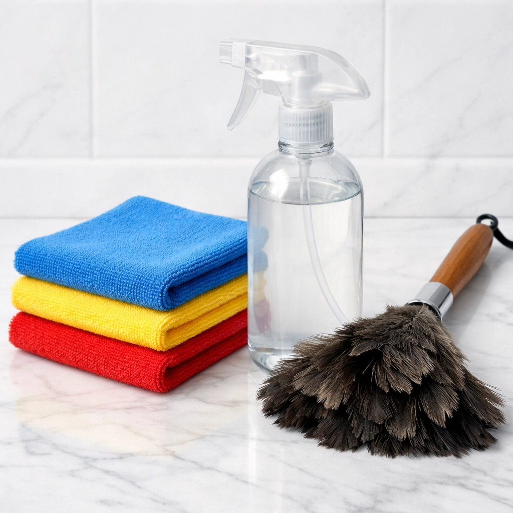 Professional cleaning supplies and color-coded microfiber cloths for high-end Chicago office sanitation.