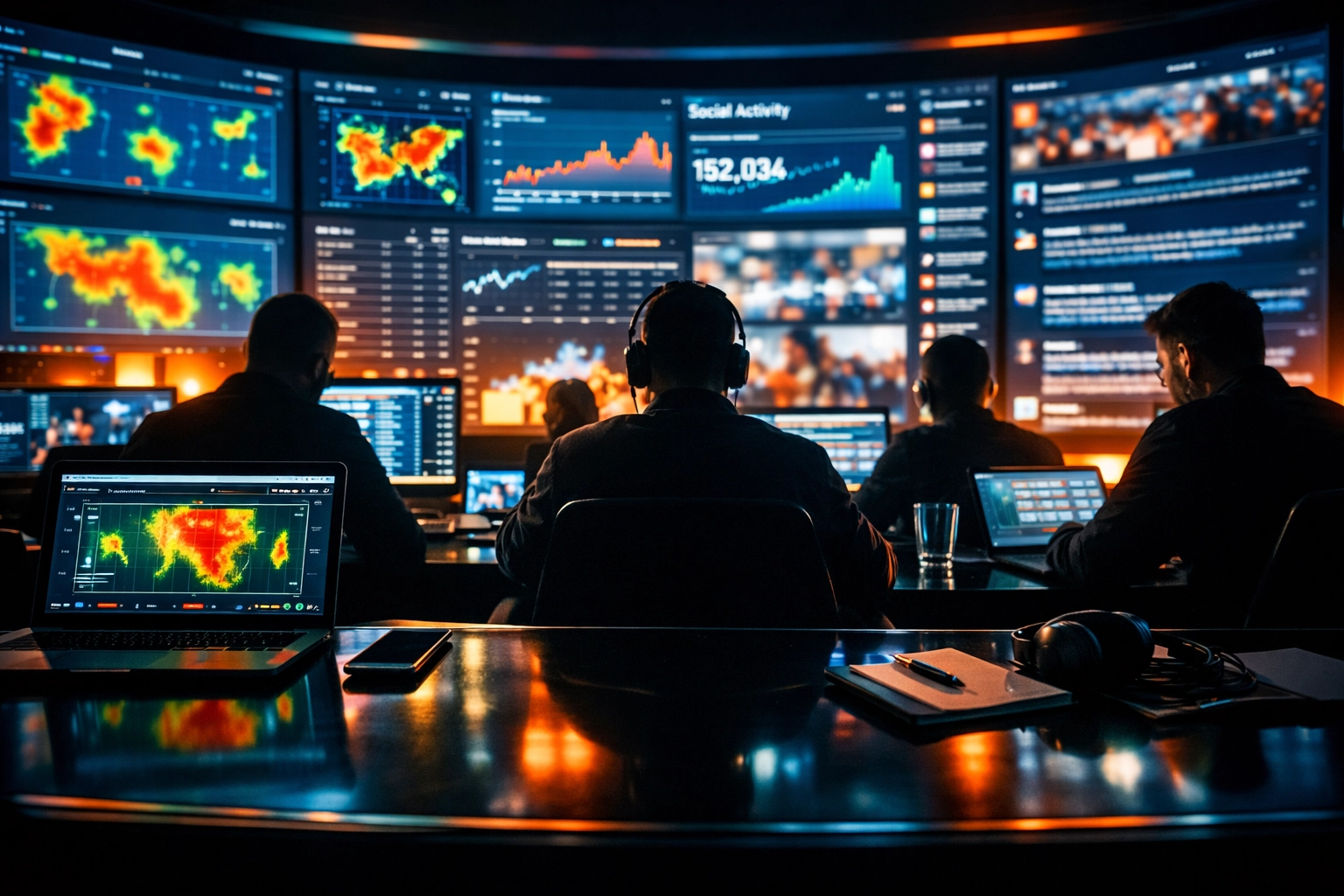 Sports marketing command center with digital screens tracking Super Bowl analytics for maximum ROI.