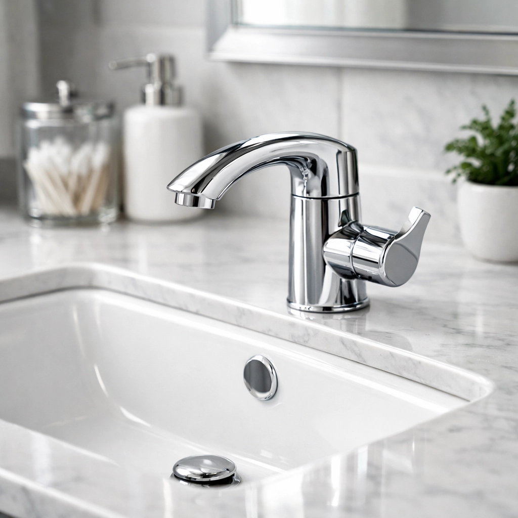 Gleaming chrome faucet and polished marble vanity in a professionally cleaned apartment bathroom.