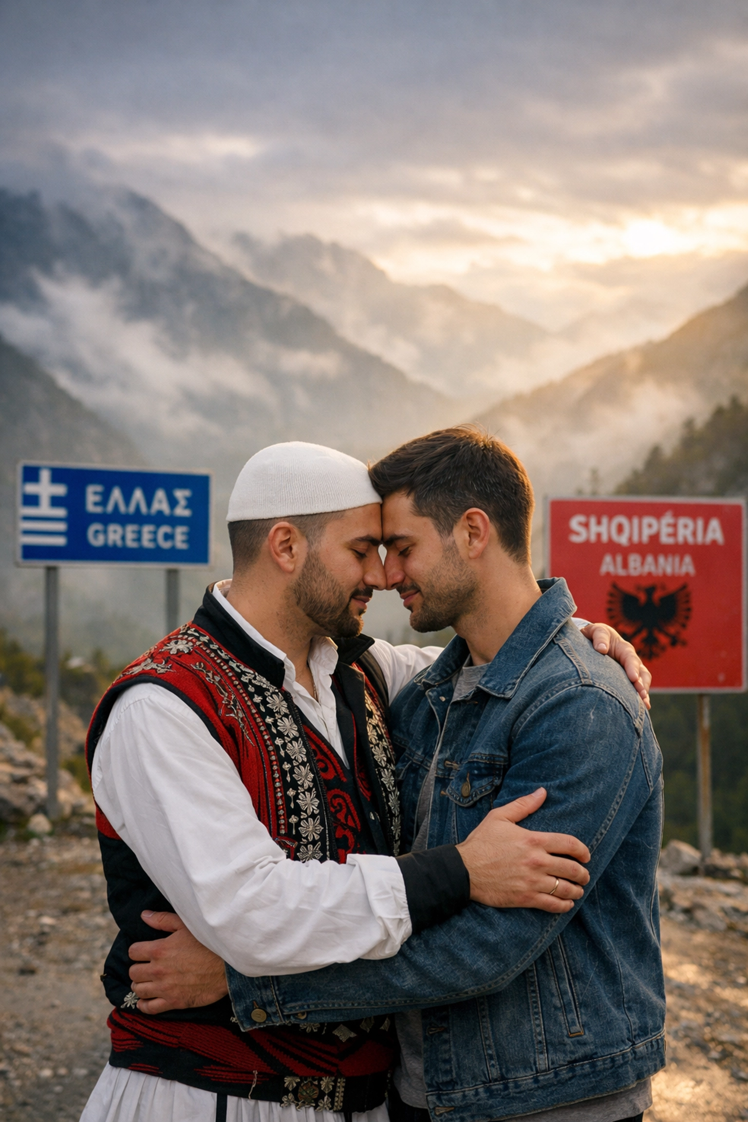 Greek and Albanian gay couple embracing at mountain border crossing, cross-border romance