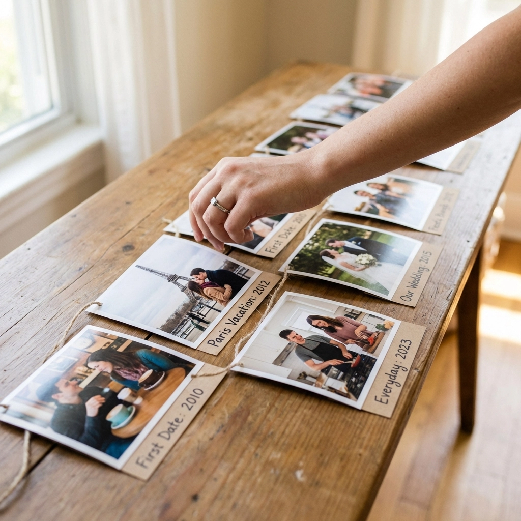 Printed timeline of couple's relationship milestones arranged on a wooden table for immigration proof