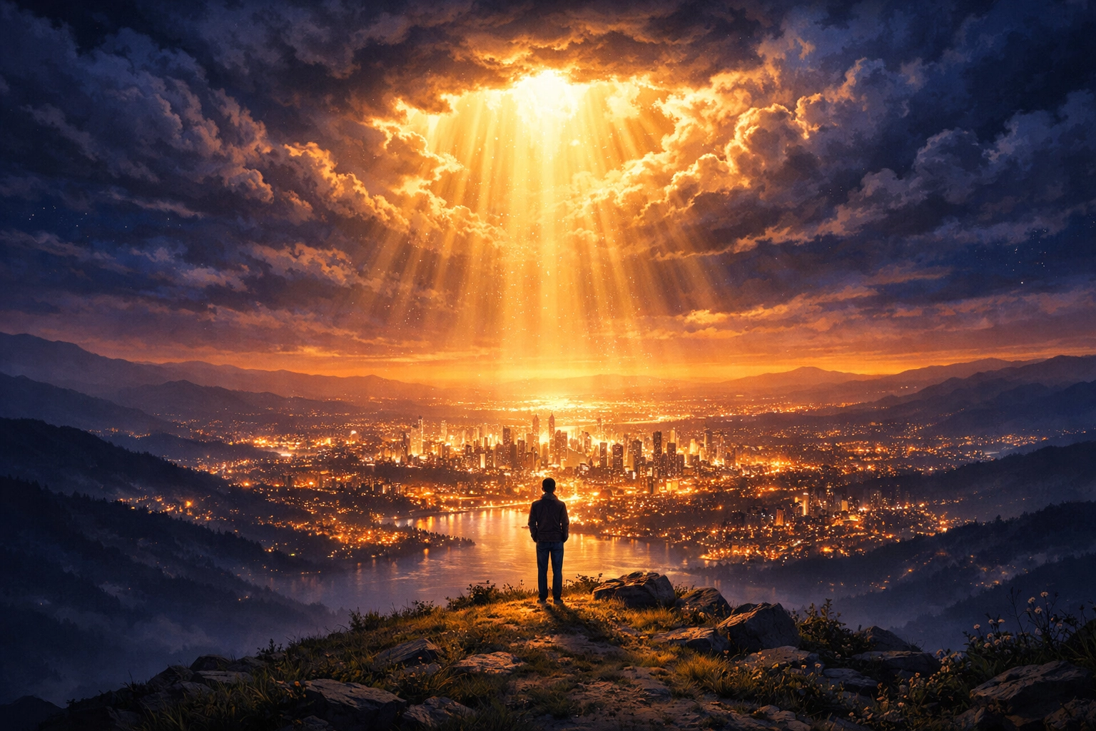 Person on a hill viewing a glowing city as divine light breaks through the clouds.