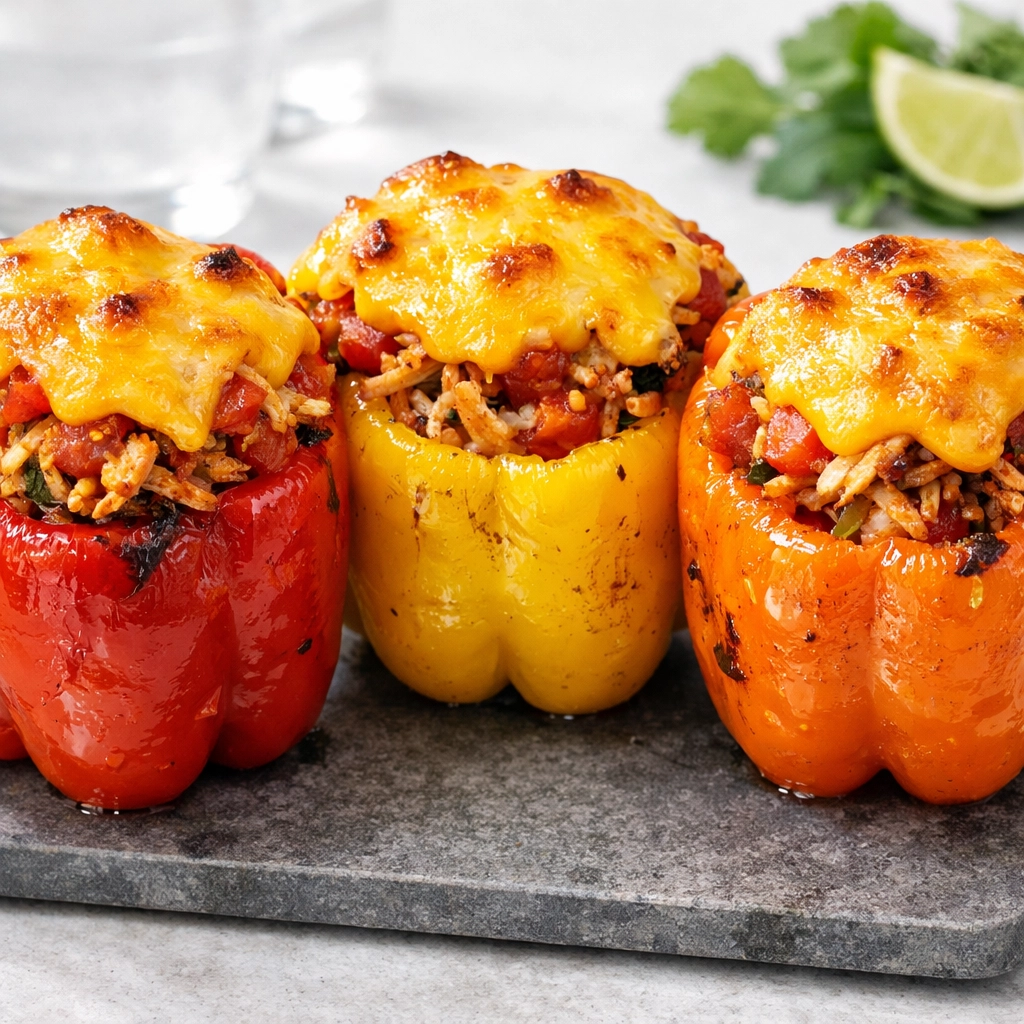 Stuffed bell peppers with chicken and melted cheddar, a quick and healthy 5-ingredient dinner.